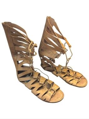 me Too Women's Tan Leather Studded Tall Gladiator Lace-Up Sandals - Size 10